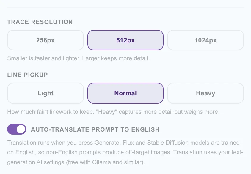 Figure 5.4: SVG conversion settings (resolution and line-extraction accuracy)