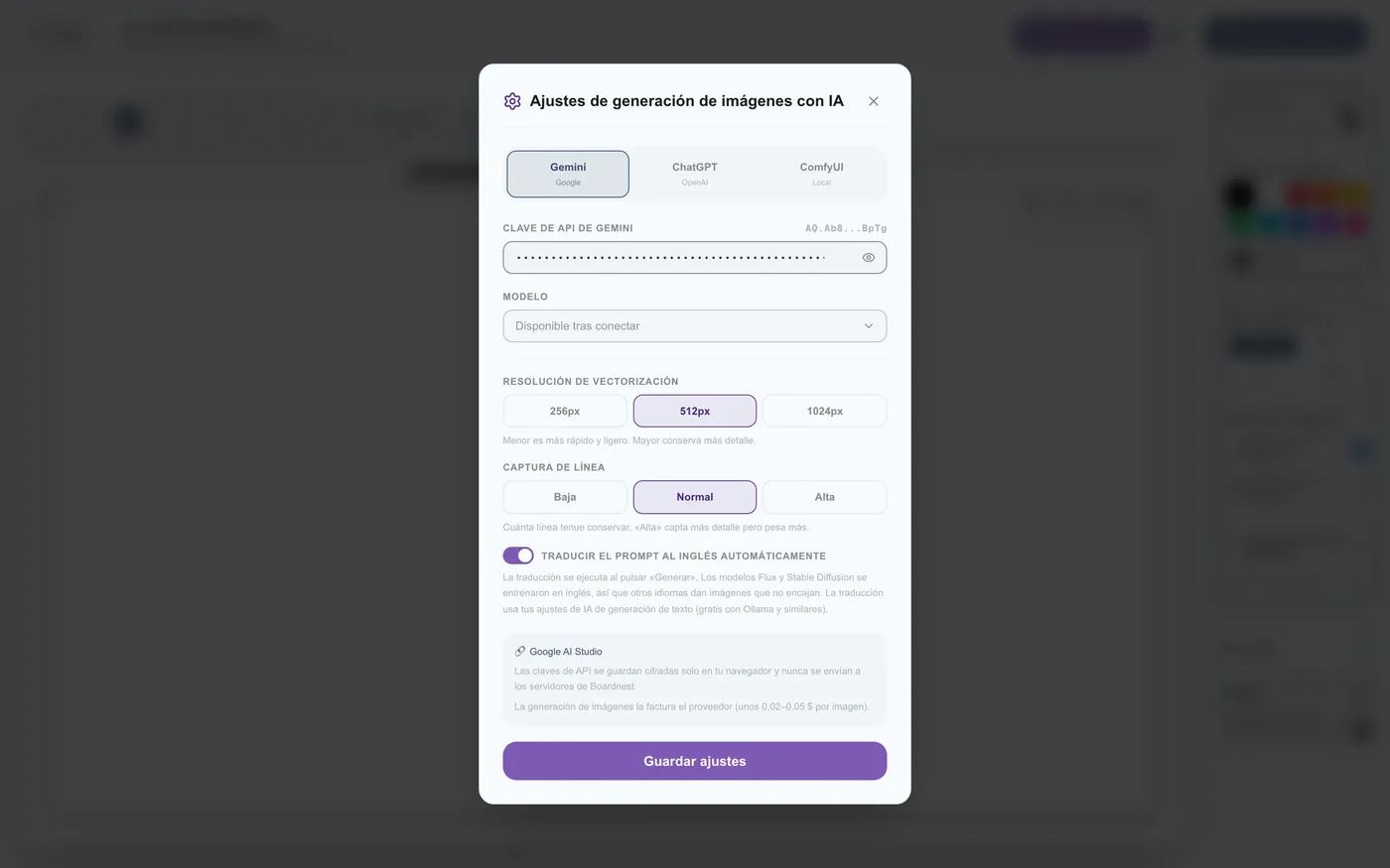 Figura 5.2: Conexión de API (Gemini / ChatGPT / ComfyUI, etc.)