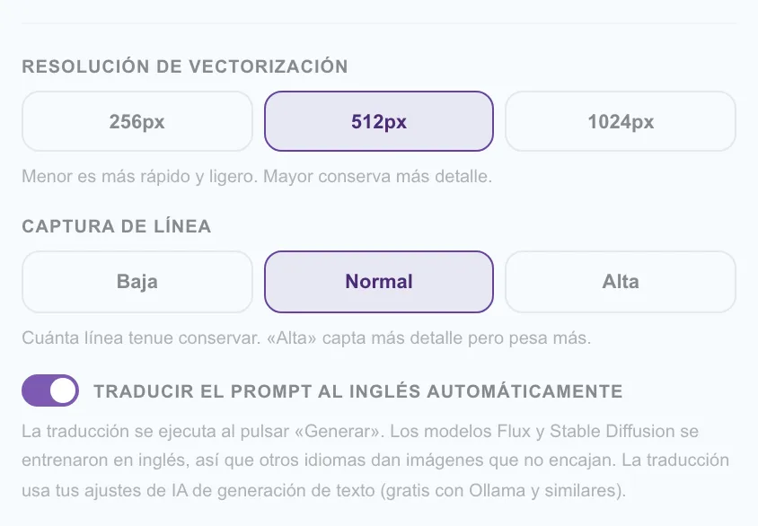 Figura 5.4: Configuración de conversión SVG (resolución y precisión de extracción de líneas)