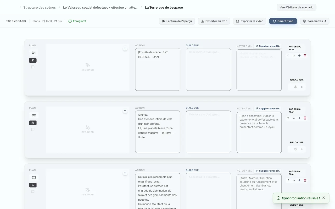 Figure 3.3 : Liste des cases de plans synchronisées