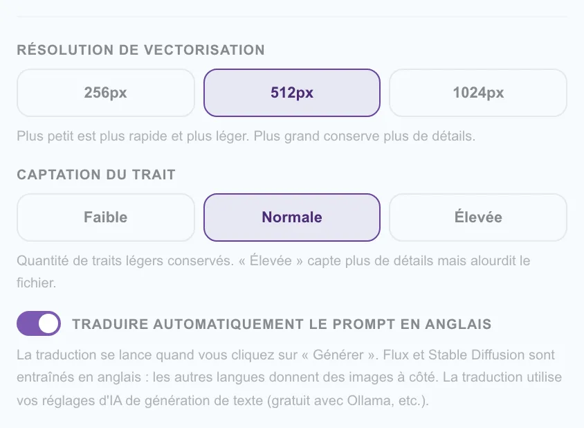 Figure 5.4 : Paramètres de conversion SVG (résolution et précision d'extraction des lignes)