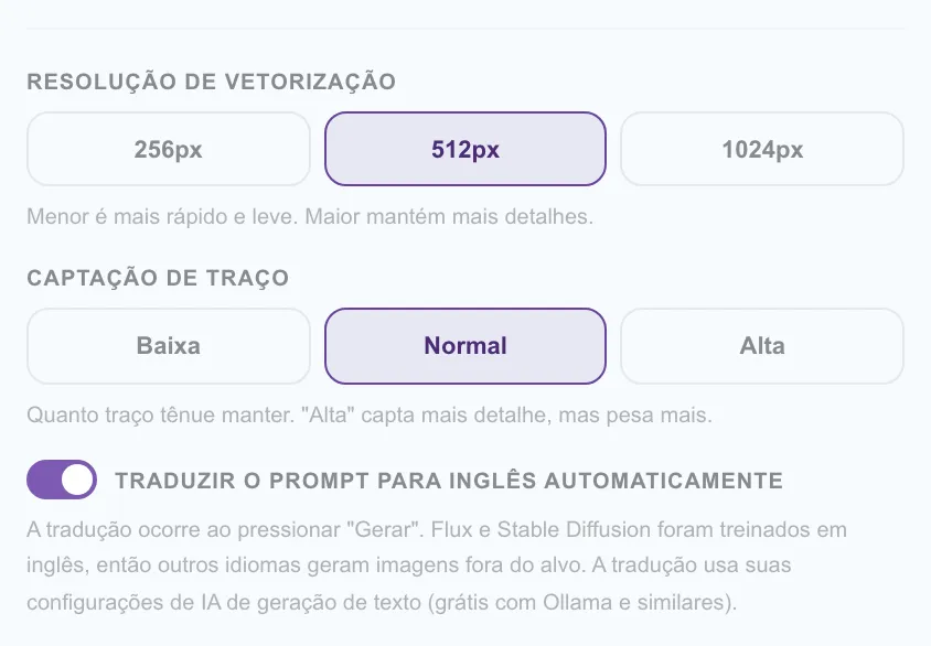 Figura 5.4: Configurações de conversão SVG (resolução e precisão de extração de linhas)