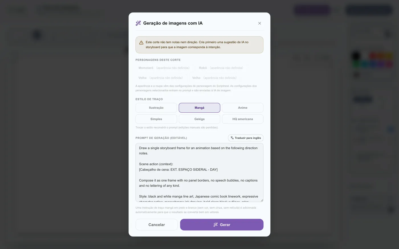 Figura 5.6: Painel de configurações de geração de imagens